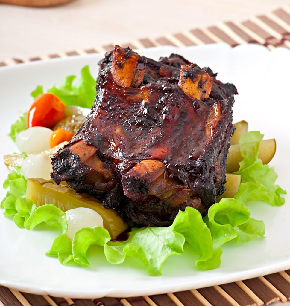 baked beef ribs in honey soy marinade with pickled vegetables